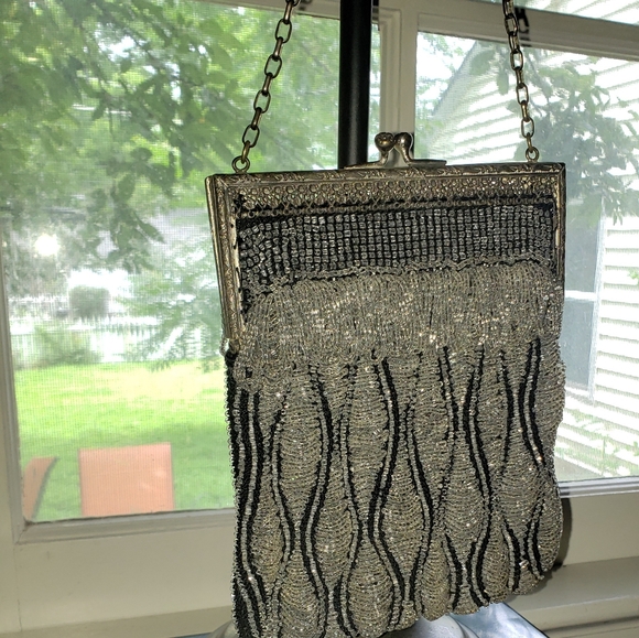 Early 1900s Antique Swag Beaded Evening Bag Crystal Clear & Black Glass Beads - Picture 5 of 13